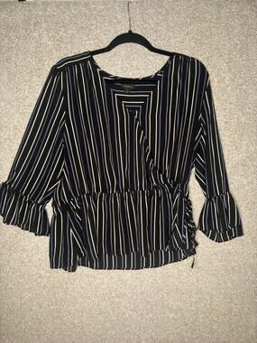 Ann Taylor XL Striped Peplum Blouse Ruffle Sleeve Black Blue